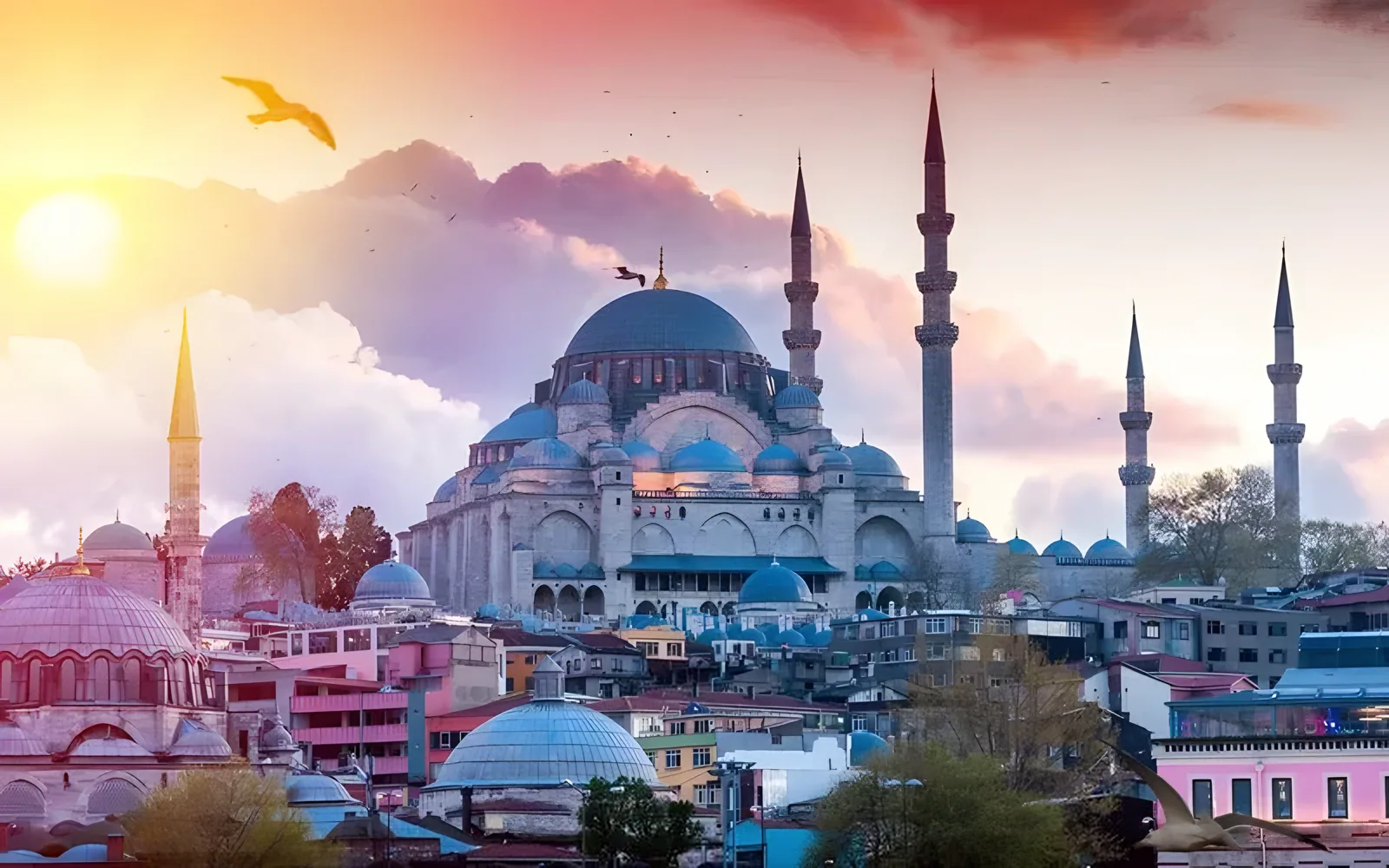 Izlazak sunca iznad džamije sa plavim kupolama, minaretima i panoramom grada · Istanbul - Nova godina 2027 - 4 noćenja