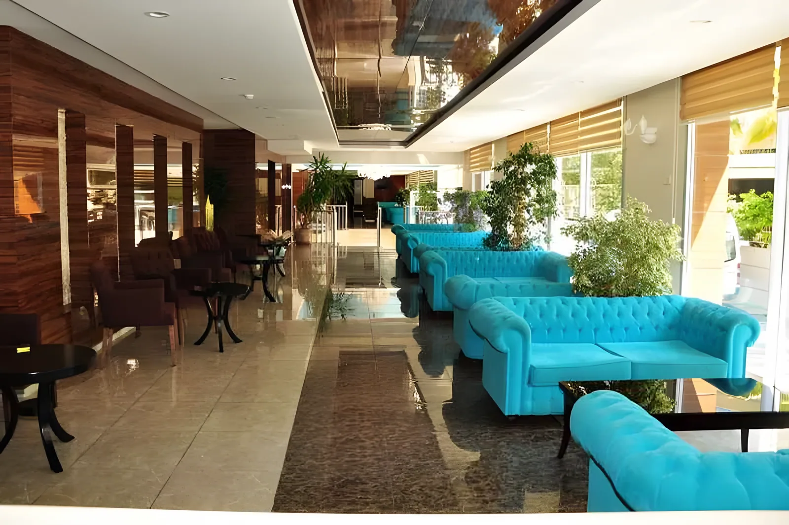 Lobi sa tirkiznim foteljama i zelenim biljkama · Sun Beach Park Hotel, Side